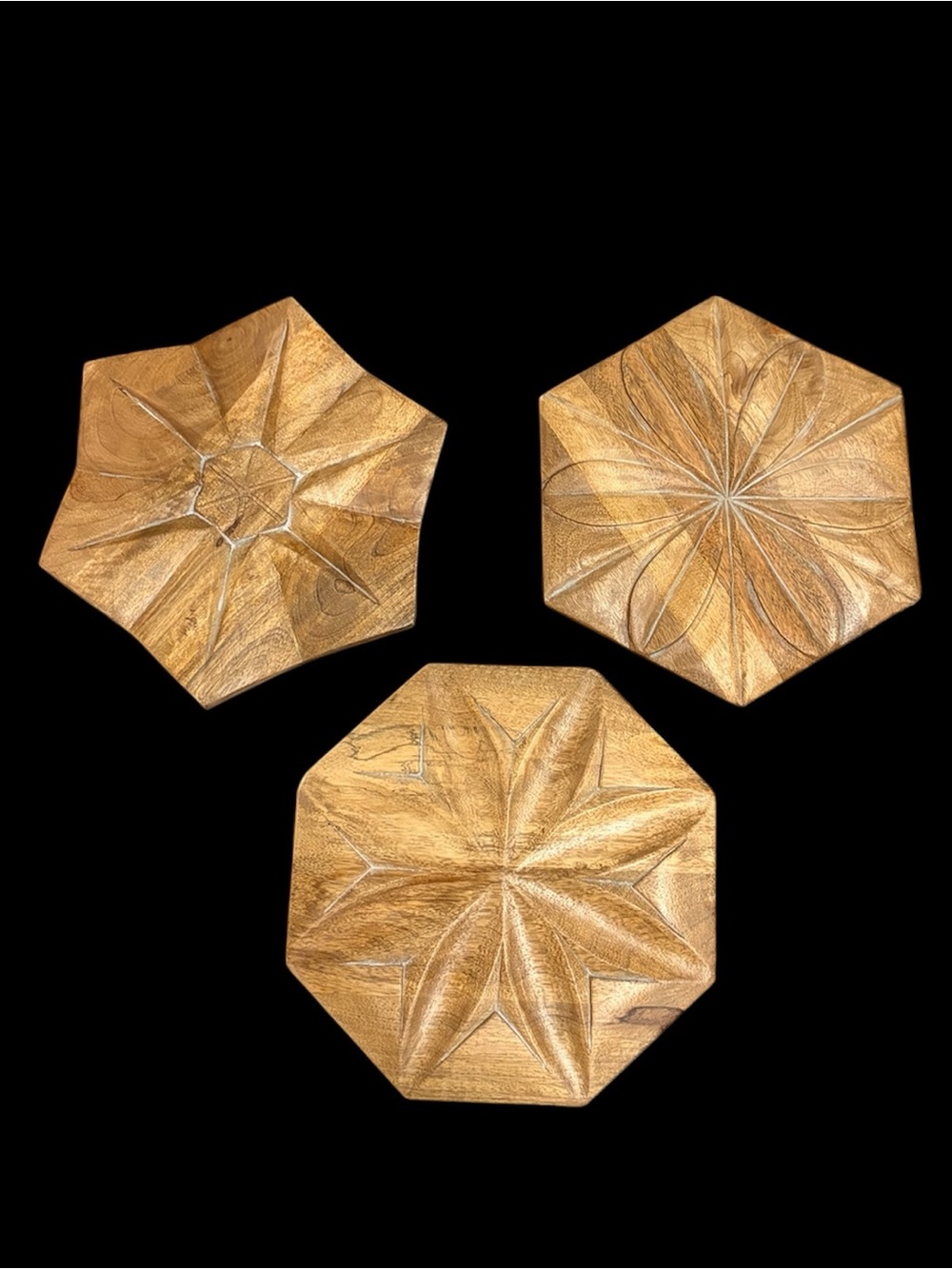 Hand-Carved Wood Wall Art - Set of 3 in Natural Brown